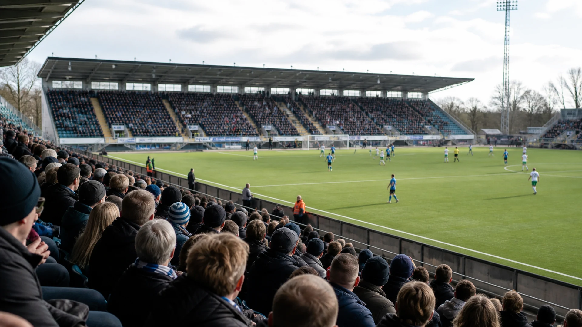 Katsomo suomalaisella jalkapallostadionilla kesäillan valossa